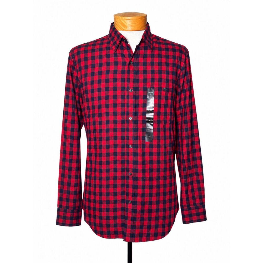 Banana Republic Shirt Men L Large Slim Fit Red Navy Plaid Flannel NWT Cotton